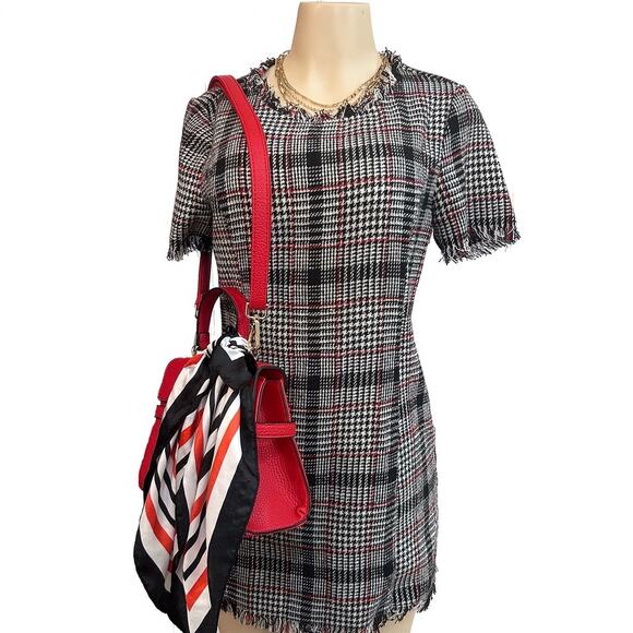 Chic classy Romeo + Juliet Couture Houndstooth Fringe Tweed Mini Dress Women’s M - Picture 1 of 4